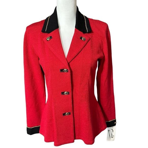 Toula Red Military Knit Blazer Gold Detailing Sz 4 NWT - Picture 1 of 15